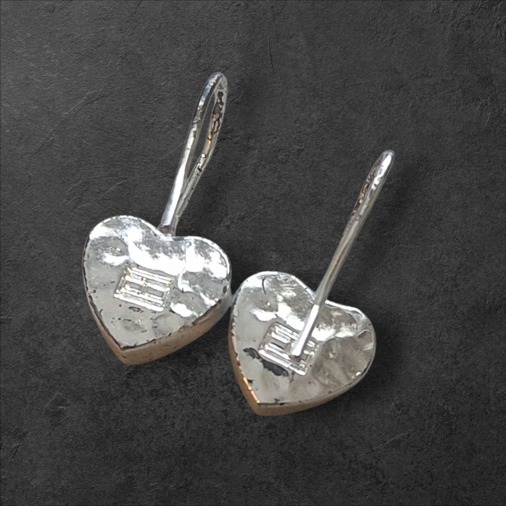 Vintage Heart Mosaic Enamel Earrings Red, Black, Cream French Hoop Slight Dangle - Picture 4 of 5